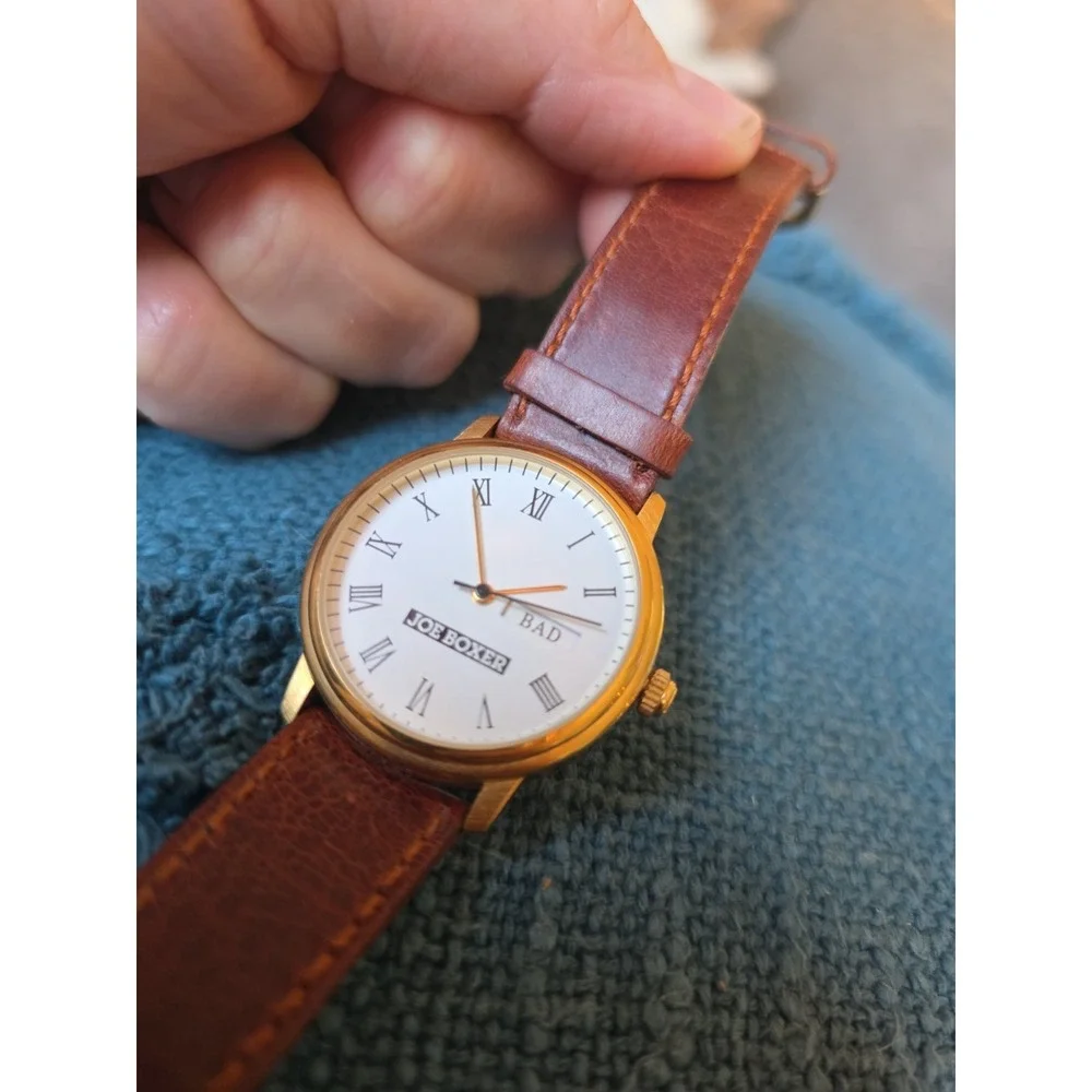 Joe Boxer Watch Brown Leather Band Gold Trim Face Good Bad Ugly Vintage